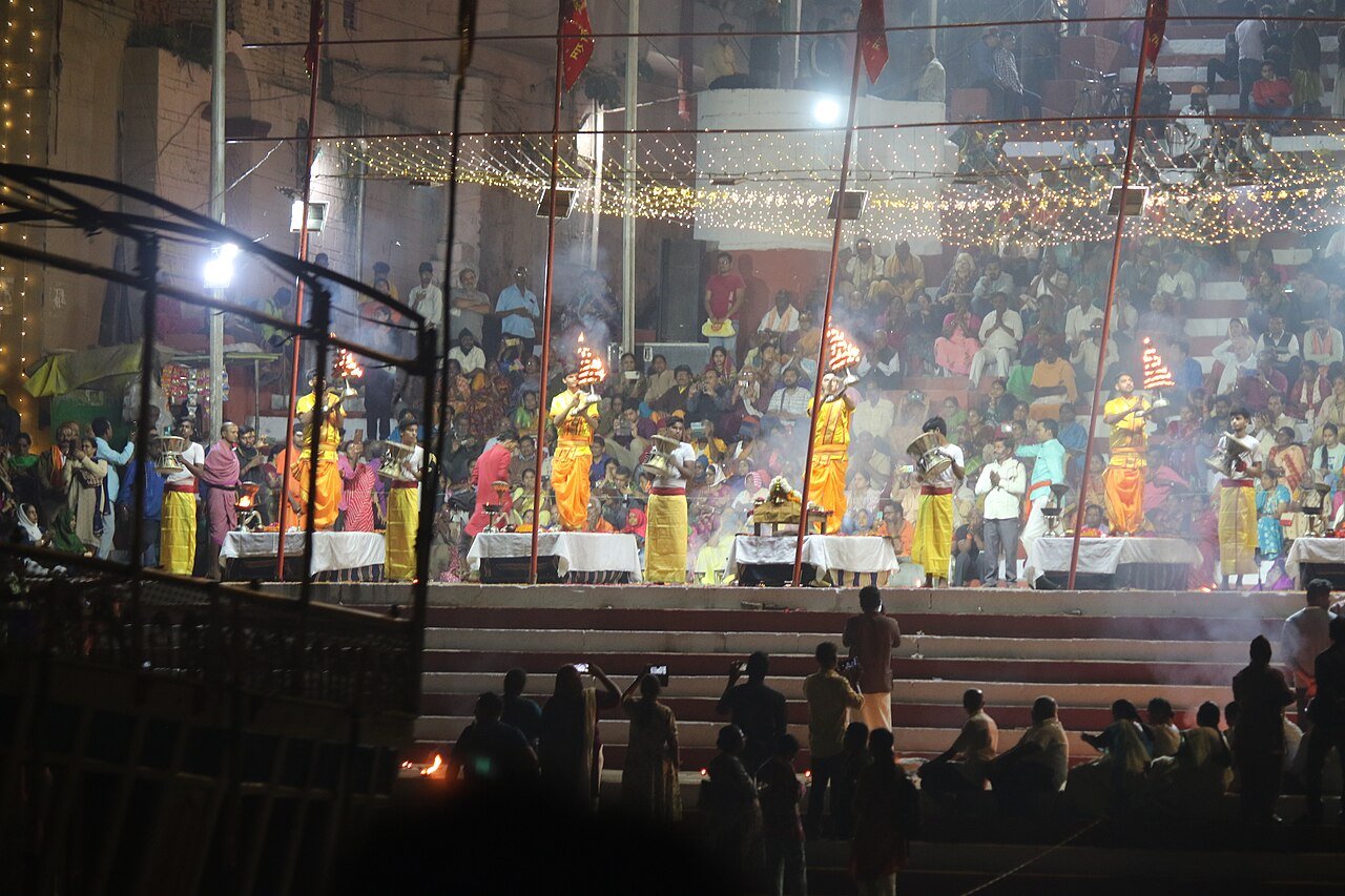 Priests performing the evening Ganga Aarti fire ritual at Dashashwamedh Ghat, Varanasi