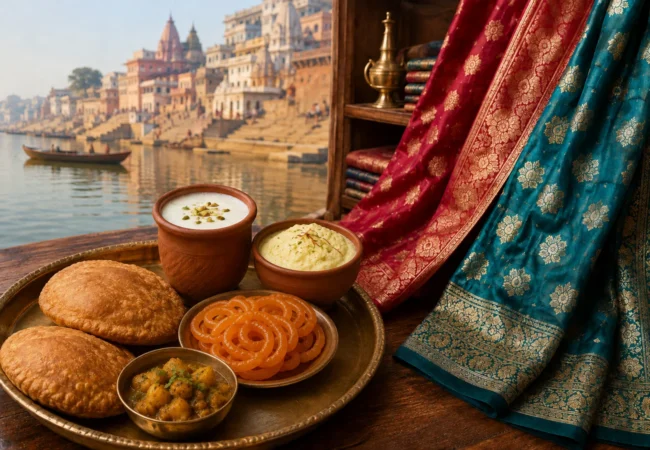 Varanasi food and shopping illustration with malaiyyo, lassi, jalebi, kachori and Banarasi sarees