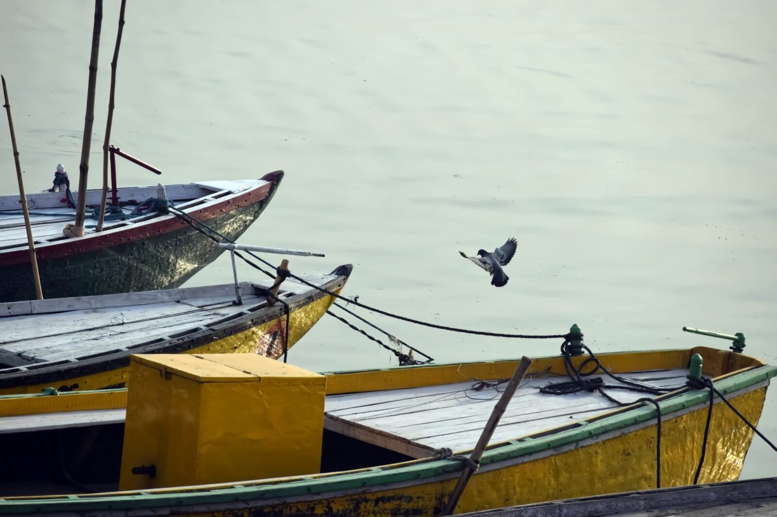 Wooden boats moored at a ghat in Varanasi